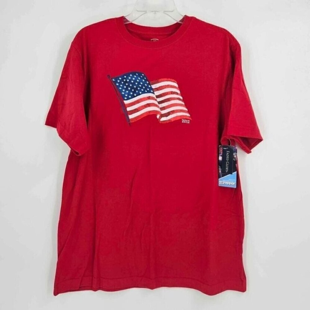 New Faded Glory Womens L Patriotic Center Front Flag Red Zapper T-Shirt Cotton